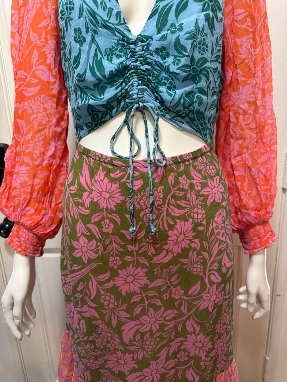 Farm Rio Cutout Maxi Dress Colorblock Floral Maxi Dress with Tie Front S Medium - Picture 6 of 15